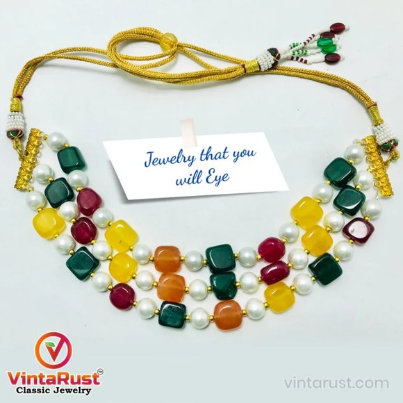 Handcrafted Colorful Stones and Pearls Choker Necklace Beaded Choker Necklace - Picture 7 of 10